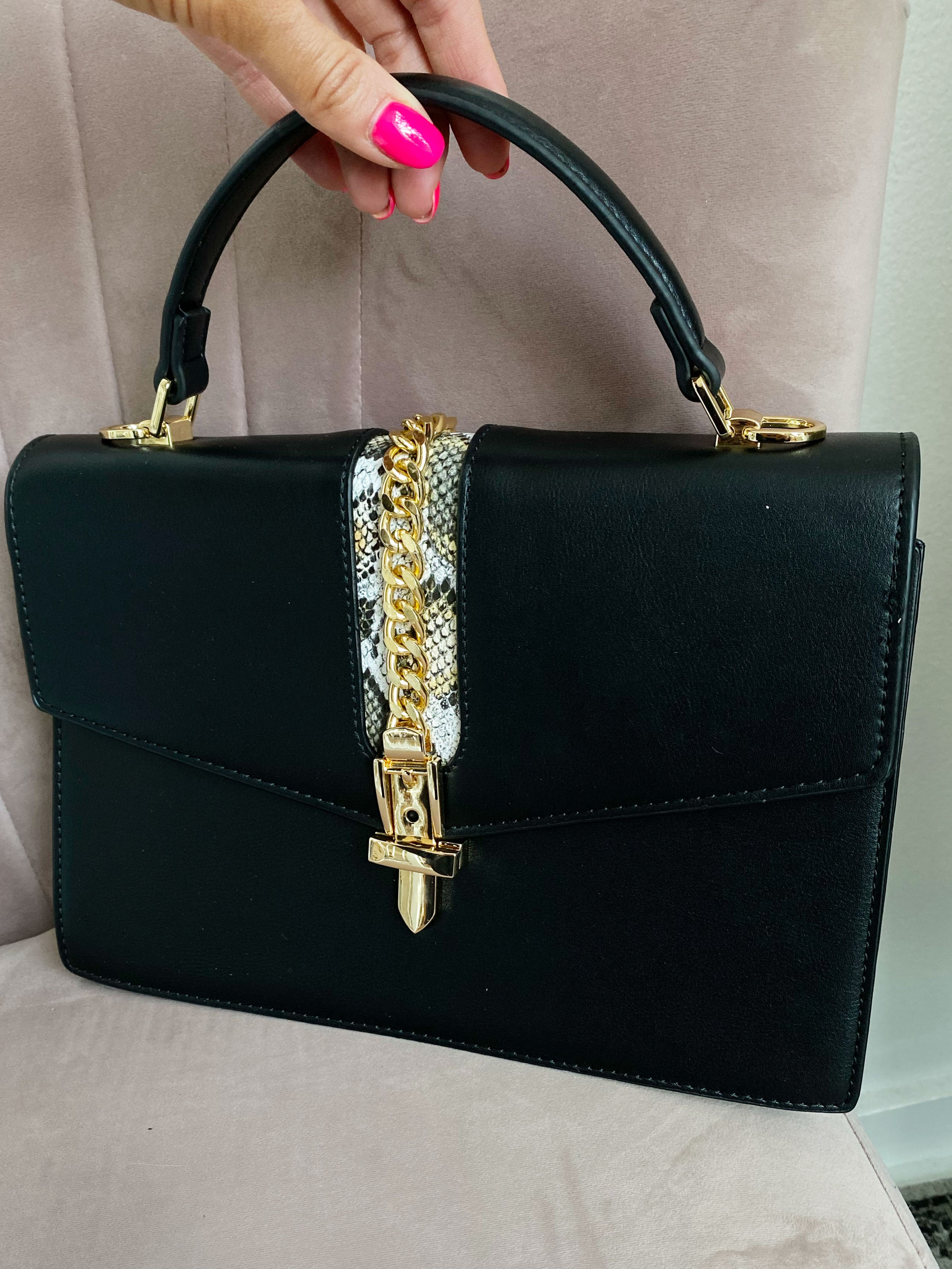 Rio - Håndtaske med gulddetaljer og slangeprint